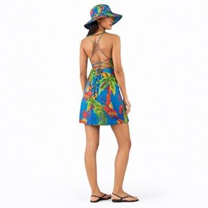 FARM RIO S Sunny Day Open Back Tropical Print 0380 Linen Blend Mini Dress Blue